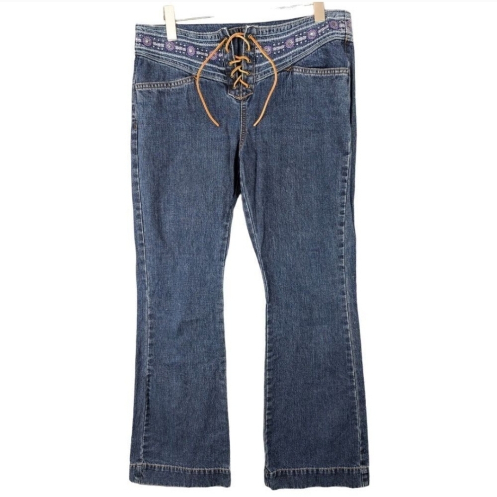 Vintage Calvin Klein Jeans Dark Blue Flare with Tan Lace-Up & Embroidery. Sz. 10